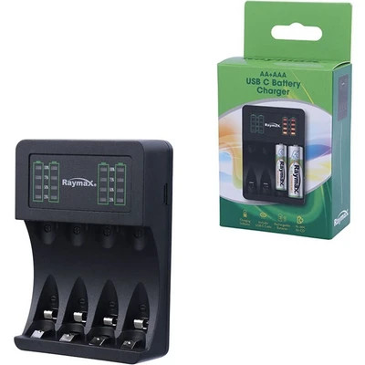 شارژر باتری چهارتایی ریمکس با کابل USB Type-C مناسب باتری قلمی و نیم قلمی