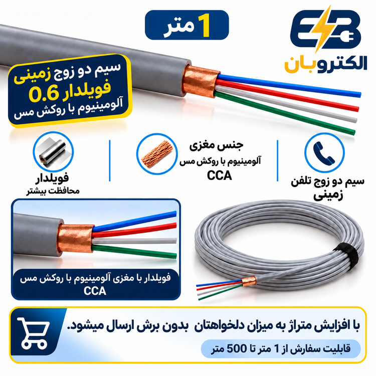 سیم دو زوج فویلدار 0.6 زمینی آلومینیوم با روکش مس - متری